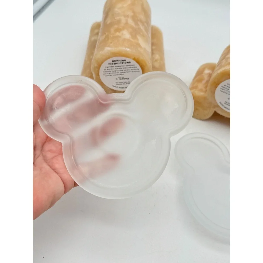 Disney Mickey Mouse Pillar Candle Set 2pc Tan Chunk Wax & 2 Frosted Glass Bases
